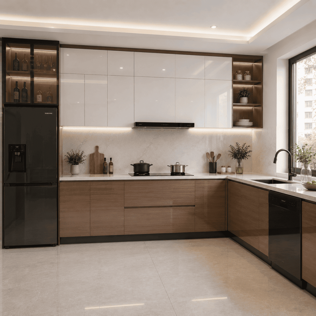 Tủ bếp Acrylic chữ L hai tông màu