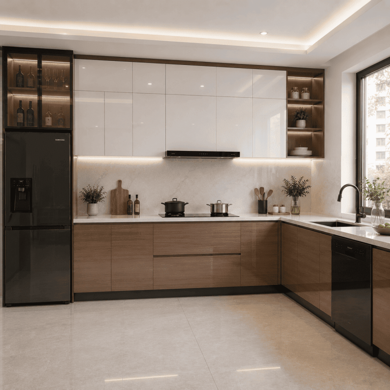 Tủ bếp Acrylic chữ L hai tông màu